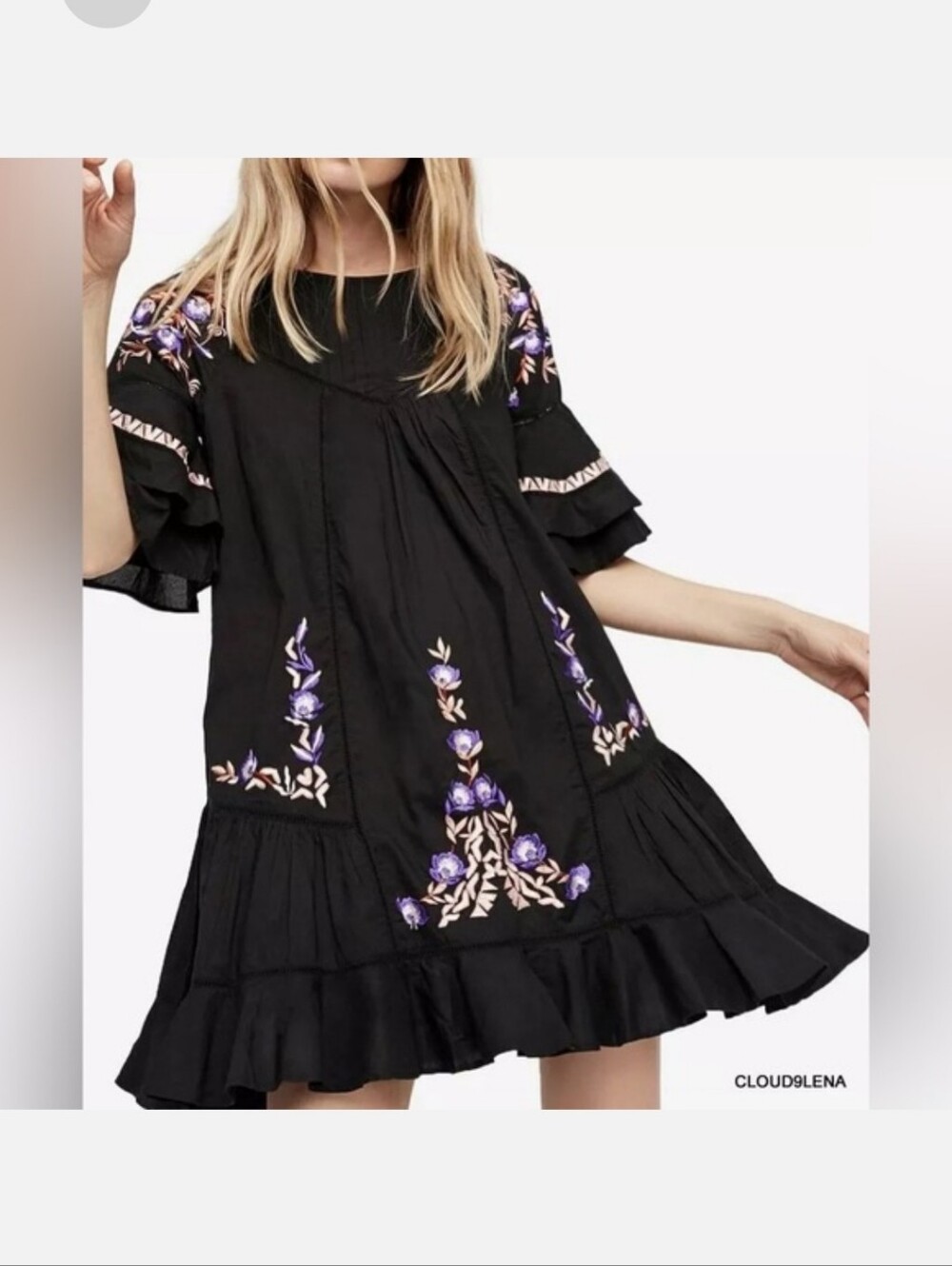 Free People Pavlo Black Floral Embroidered Mini Dress Medium